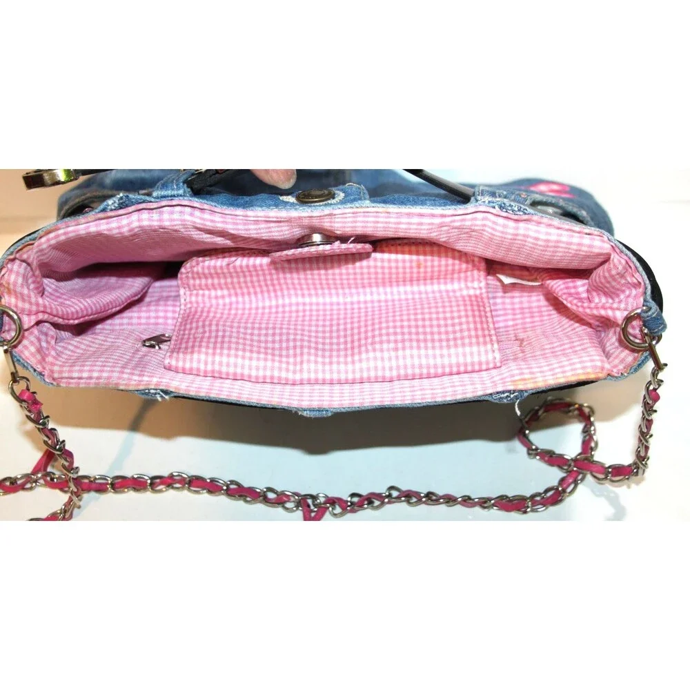 Denim Jean Purse Belt Key Chain Pink Flower Embellished Y2K Shoulder Trendy Bag